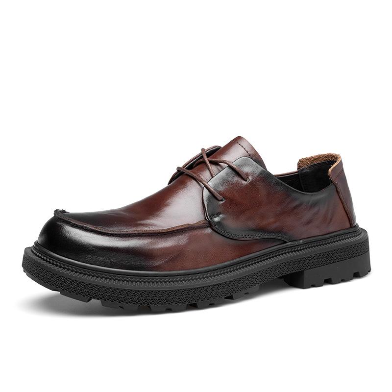 Autumn men's shoes leather round head breathable retro British style casual leather shoes business lace-up platform trend single shoes men