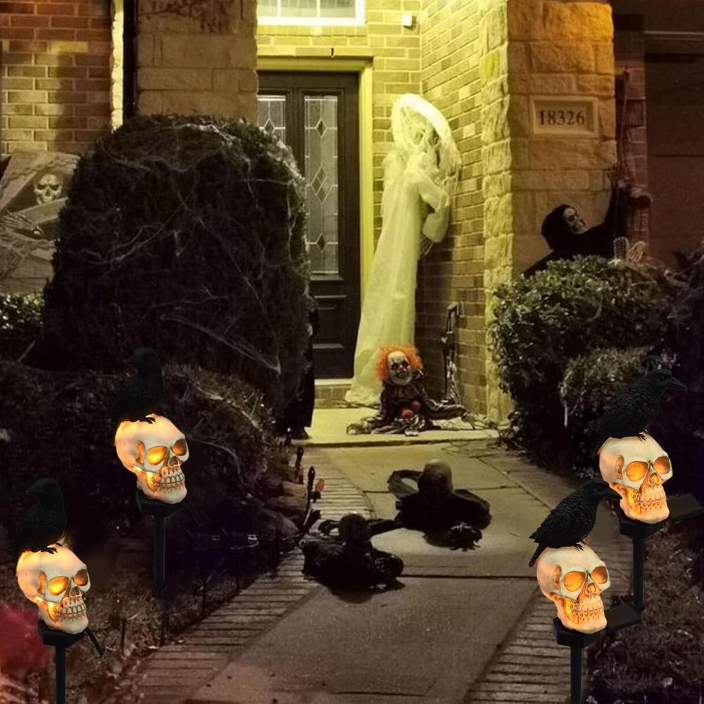 Solar Lights Outdoor 1 Set Crow on Skull Solar Halloween Lights with Stake Waterproof LED Light Decorations for Outdoor Decor
