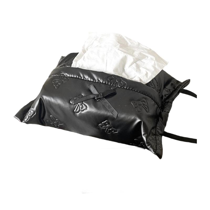 PU Tissue Holder with Ribbon Detail, Decorative Tissue Cover Bag with Upper Opening for Coffee Table Daily Home Use