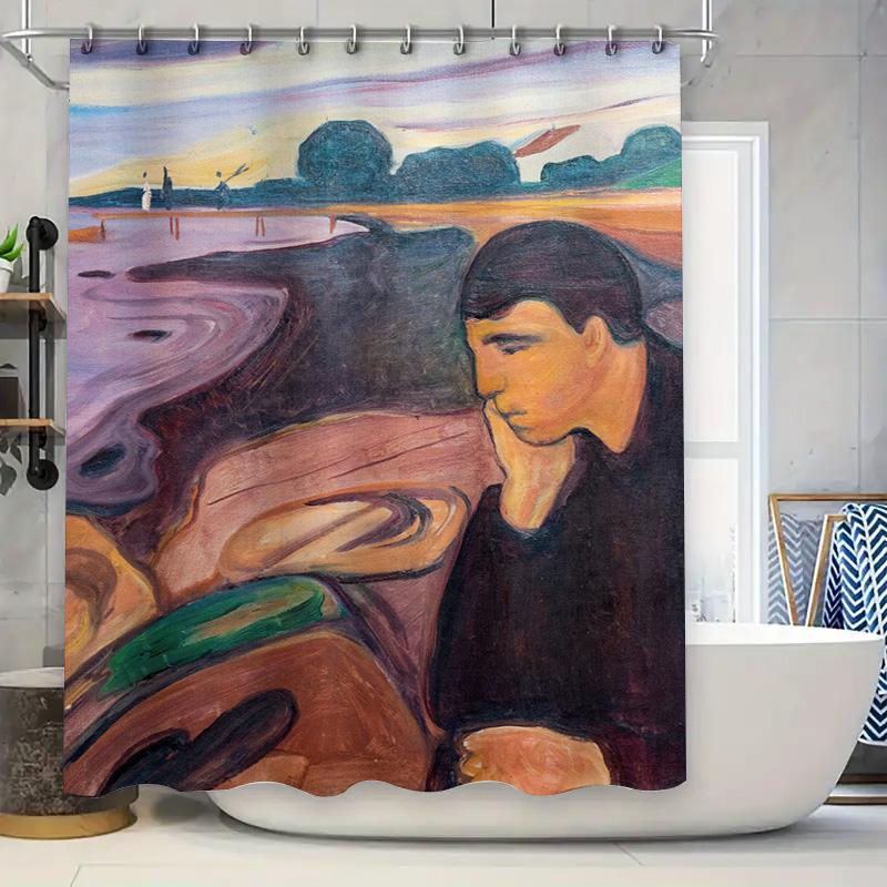 Vivid Art Shower Curtain Set Modern Nordic Decor featuring abstract landscape painting with blue sky purple watercolor washes Pe 90x180cm