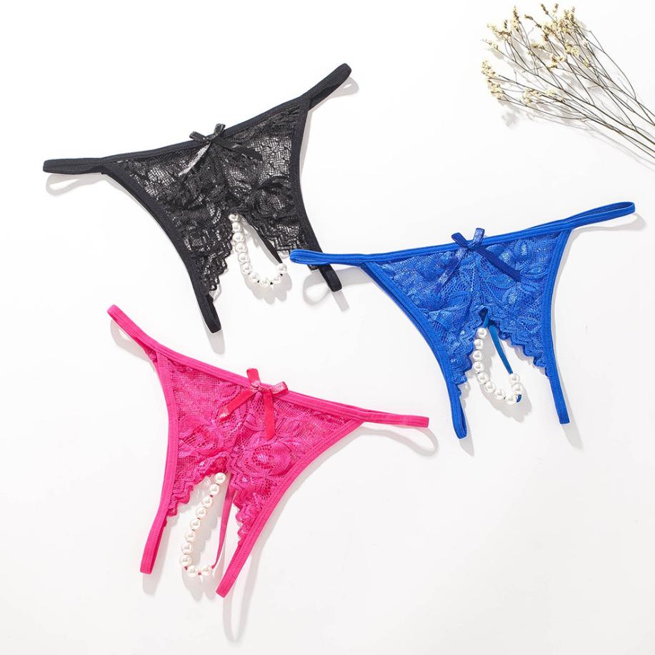 Pearl Massage G-String Panties Sexy Women Underwear Crotch Lace Thong Temptation Lingerie Brief Elegant Underwear #1354