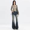 Retro blue micro-flared jeans women's spring and autumn new high-waisted and thin rough-edged design horseshoe flared pants