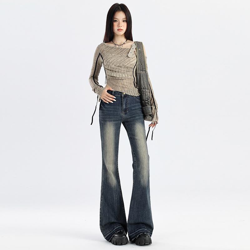 Retro blue micro-flared jeans women's spring and autumn new high-waisted and thin rough-edged design horseshoe flared pants