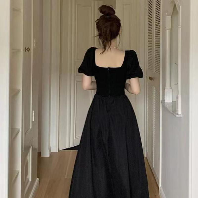 French Hollow Out Short Sleeve Black Maxi Dress Women Vintage Warm Square Collar A Line Dresses Female Summer Chic Vented Party Clothes Lady