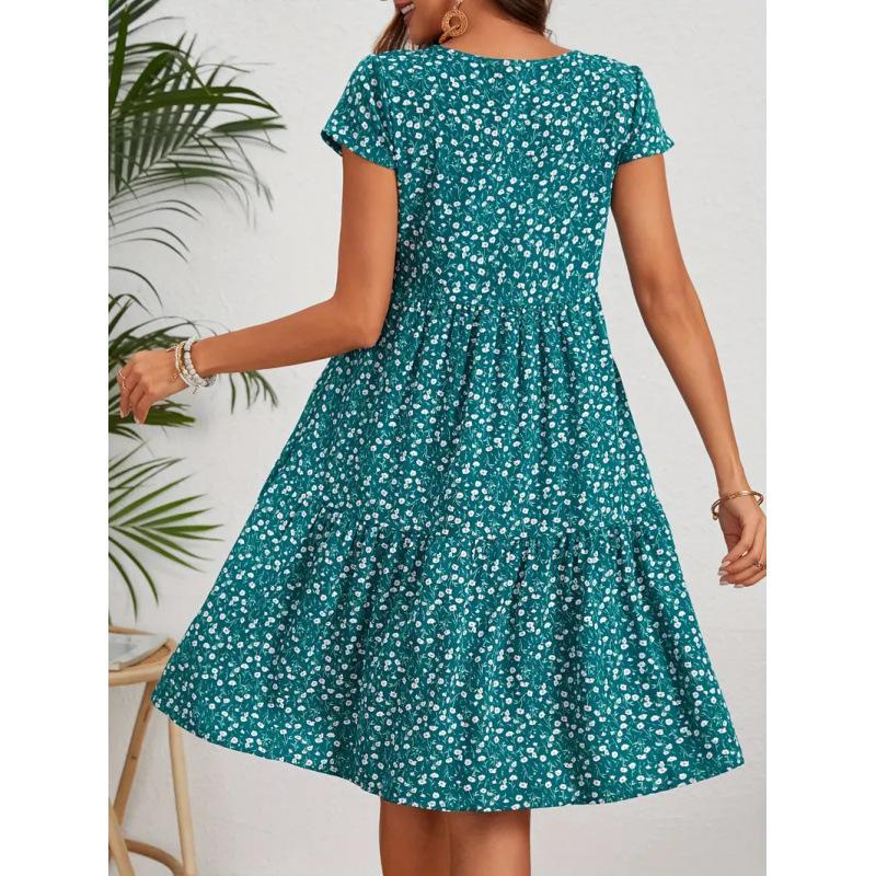 Women's Spring&Summer Printed Round Neck Short Sleeve Dresses