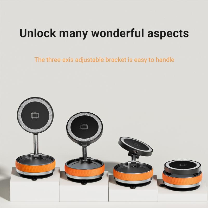 Vacuum Magnetic Car Phone Holder with Wireless Car Charger 360 Rotation Foldable Design Strong Magnetic Absorption Phone Holder