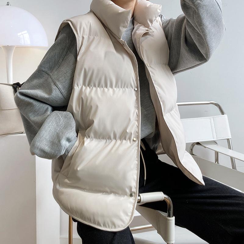 Autumn Winter Women Vest Coat Stand Collar Winter Women Warm Coat Oversize Tops Beige Vest