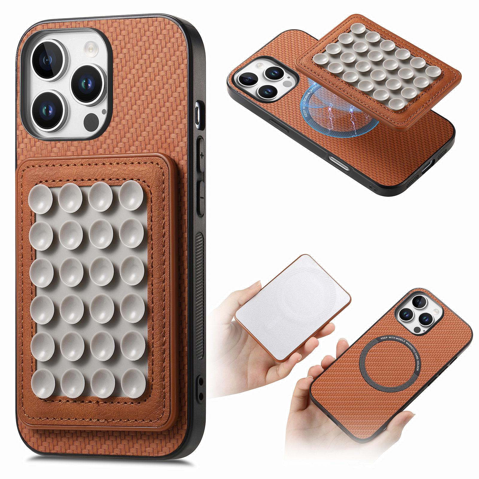 

For iPhone 16 Pro Max Case Carbon Fiber Texture Leather Back Cover with Magnetic Detachable Suction Cup Brown