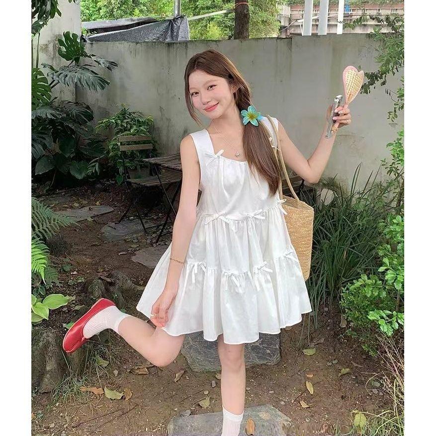 French Style Sleeveless Ruffle Dress With Uneck For Summer Women