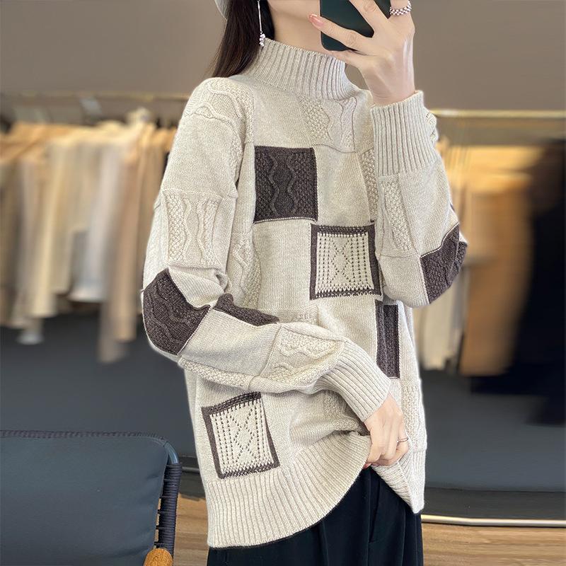 Half Turtleneck Sweater Women's Autumn and Winter Ladies with Color Matching Fashion Thick Loose Pullover Knitted Bottoming Shirt