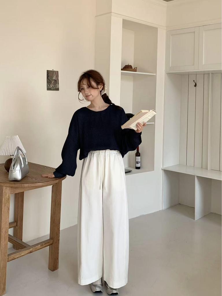 Ting Lan White Cow Elastic Loose Wide-Leg Slimming Casual Nine-Point Pants