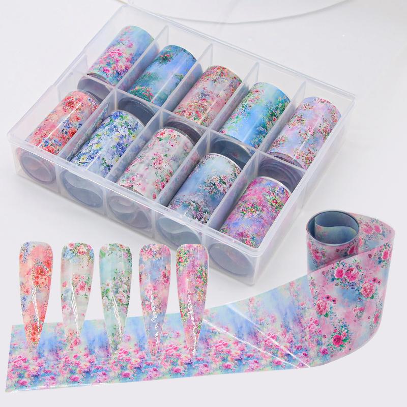 10Rolls Mixed Nail Art Foils Transfer Sticker Set Rose Flower Designs Floral Starry Sky Nail Wraps Wedding Summer Manicure Decor