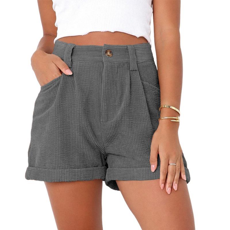 Women High Waist Corduroy Cuffed Hem Shorts With Side Pockets And Button Fly S