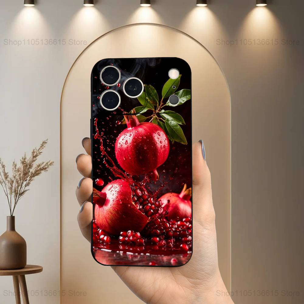 Tasty Fruit Pomegranate Case For iPhone 11,12,15,14,13,16,17,Plus,Pro Max,XS,X,XR,SE,Mini,8,7,Soft Silicone Black