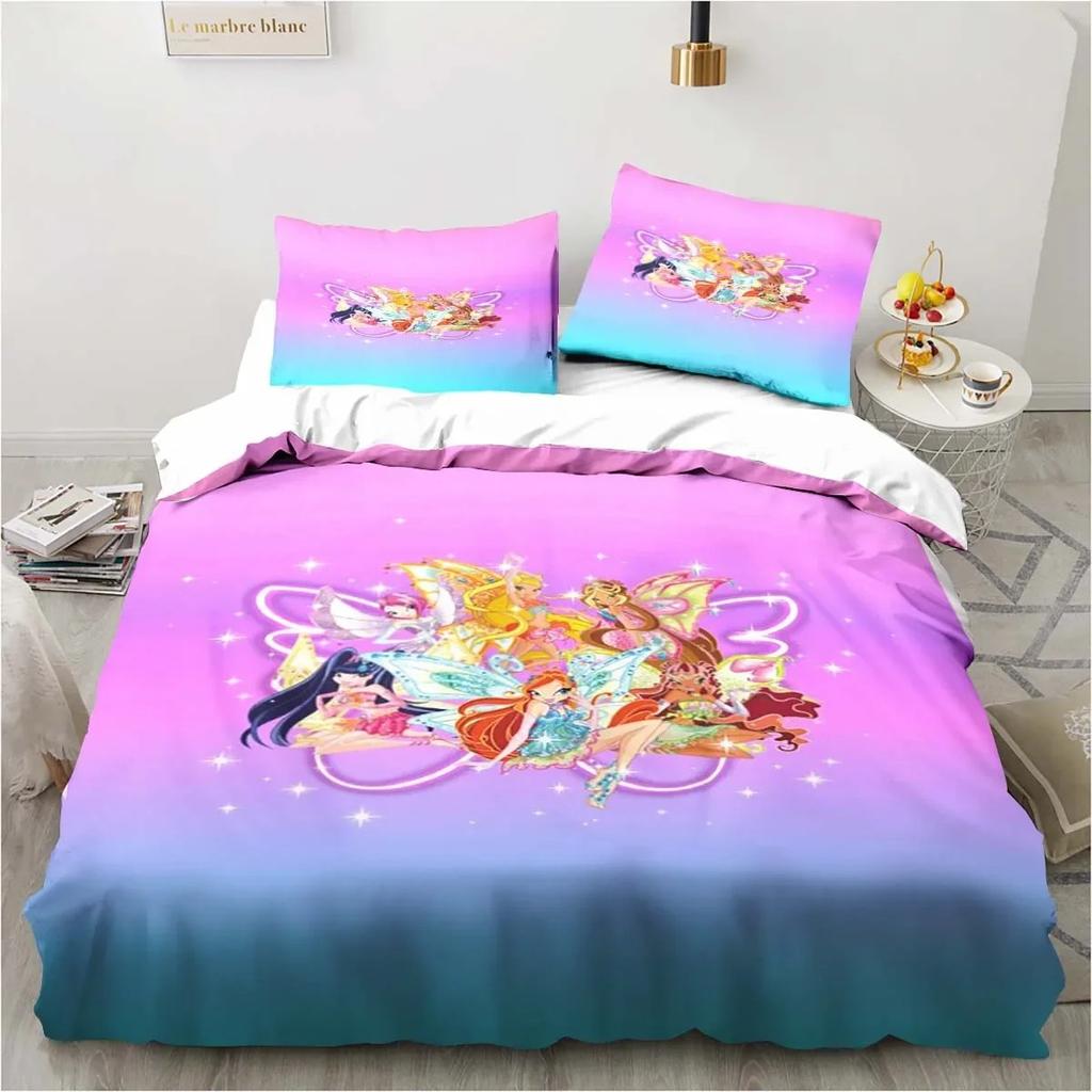 Set di biancheria da letto Kawaii Anime Winx Letto a tre pezzi Singolo Doppio King Size Set di letto per adulti e bambini Set copripiumino per bambini Regalo per bambini