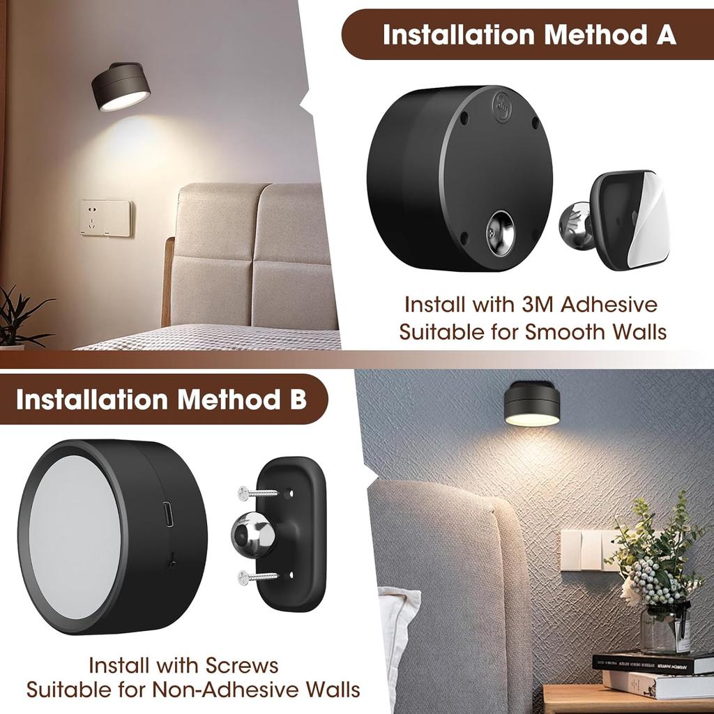 LED Wandleuchten, 3 Helligkeitsstufen 3 Farbmodi Wandleuchten Batteriebetrieben 360° Drehbar Touch-Steuerung Wandlampe