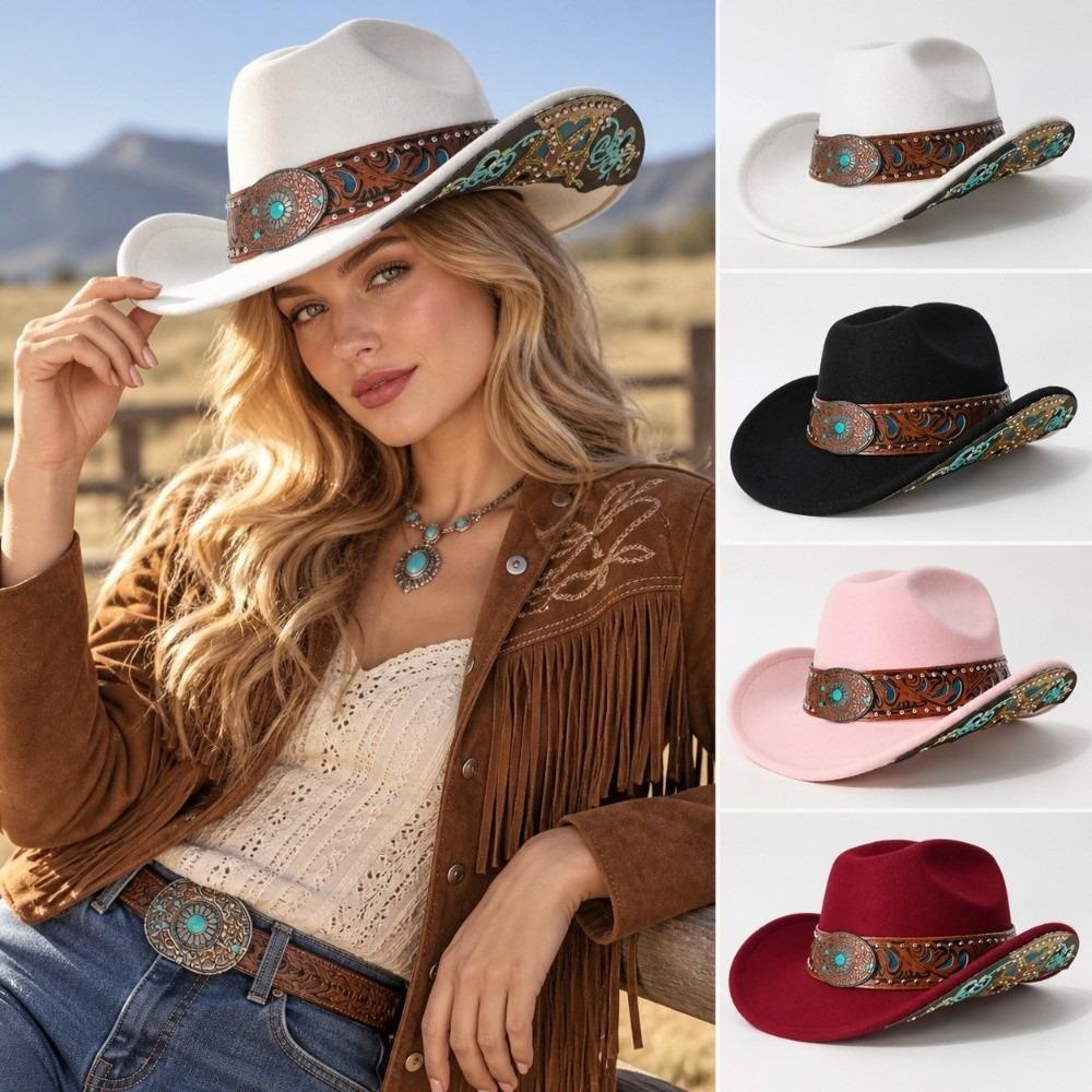 Turquoise Decor Wide Brim Sun Hat Embossed Band Cowgirl Hat Stage Performance Hat For Women Man