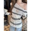 Pure off-the-shoulder diagonal-neck bottoming top women's autumn new contrasting stripes long-sleeved sweater knitted sweater