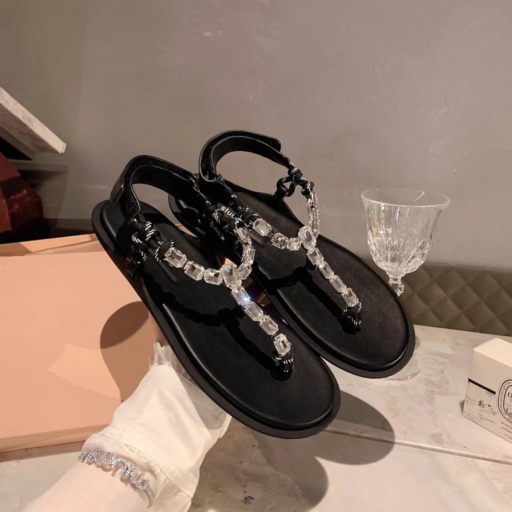 Grape Mom Huizhou Women's Shoes 2025 Spring and Summer Sparkling Rhinestone Flat Shoes Knot Flip-flops Sandals Women's Fashion