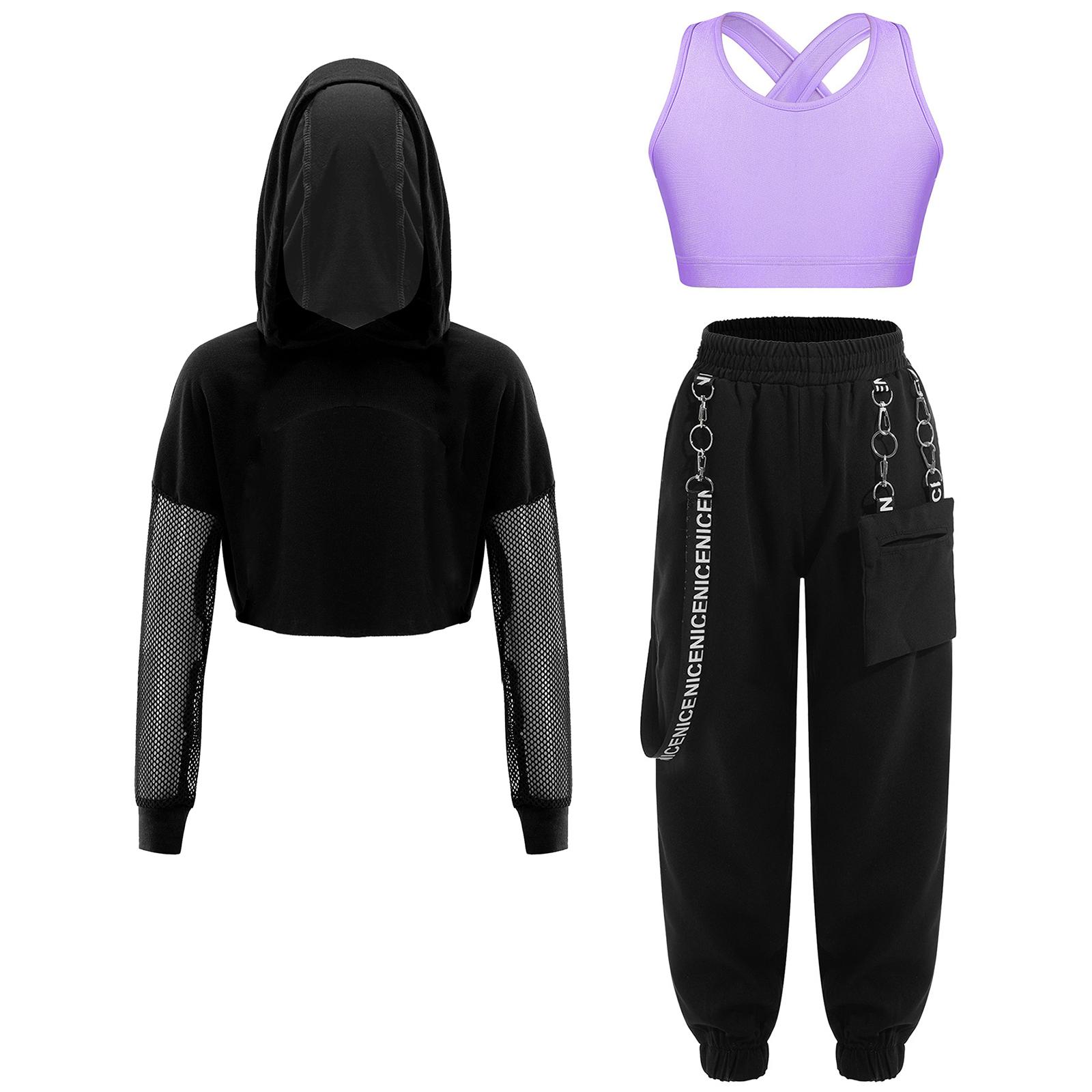 Mädchen Sportbekleidungsset Sport-BH Tanktop Kapuzen-Croptop Jogginghose Laufen Fitnessstudio Tanz Performance Outfit 5-6 Years violett
