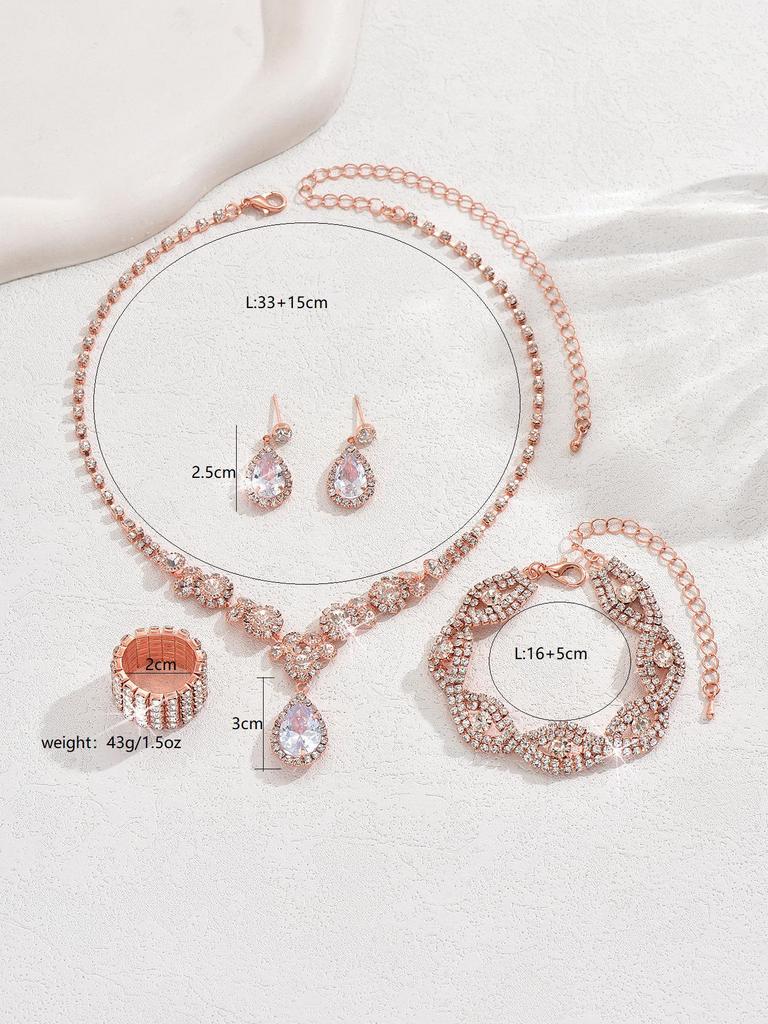 Bridal Jewelry Set: Rhinestone Zircon Teardrop Necklace, Earrings, Bracelet, Ring