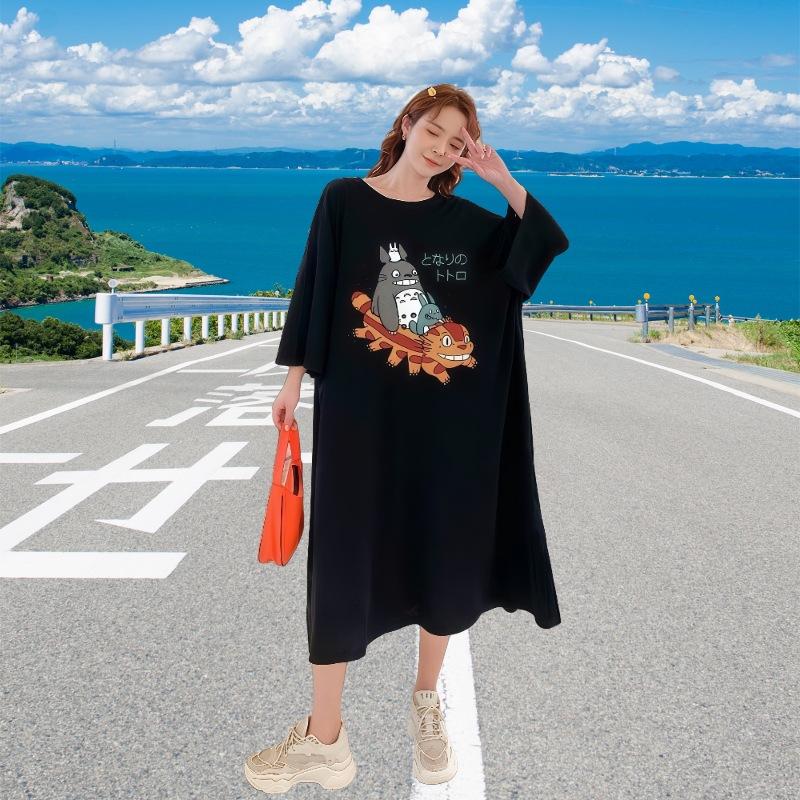 Large size women's short t-shirt skirt summer Korean pure cotton loose long knee dress casual belly cover dress
