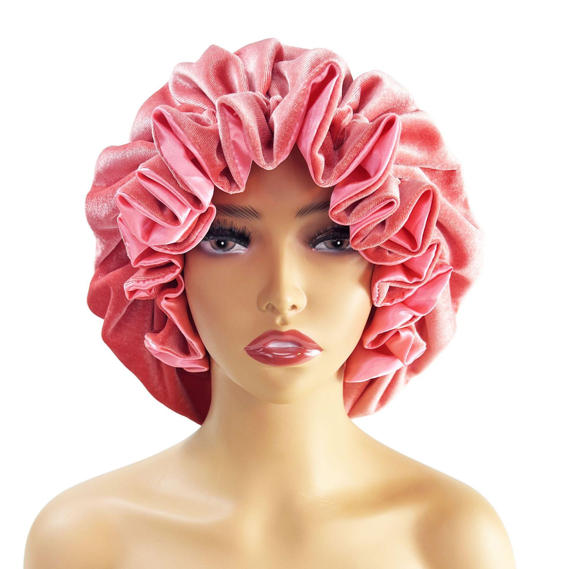Wholesale pink Double Layer Satin Plush Hat Bonnet Custom logo Tag Silk Bonnet for Sleep Beautiful Velvet Hair Bonnet Vendor (pink,59cm)