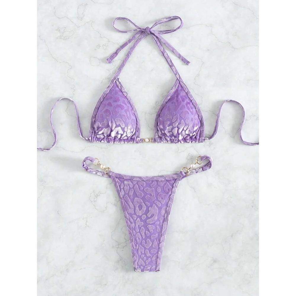 S- XL Leopard Neckholder Mini Micro String Bikini Damen Bademode Weiblicher Badeanzug Zweiteiliges Bikini-Set Badegast Badeanzug Schwimmen V5207