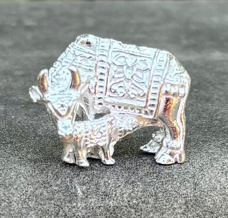 999 Pure Silver Hindu Religious Statue Sacred Kamdhenu Cow Feeding Calf 24 gram solid, Lord Krishnas Favorite Temple Pooja Hindu Religion One Size