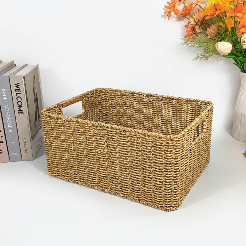 Woven Desktop Storage Basket With Dual Handles Fruit Snacks Cosmetics Toys Kitchen Organization Ins Style