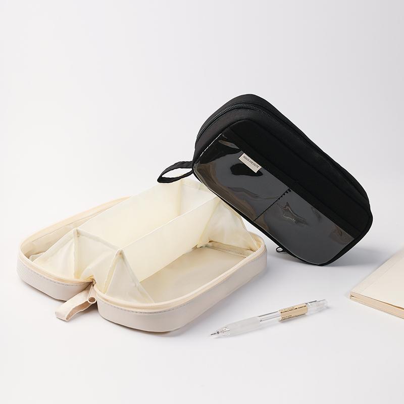 Volcano Layer Pencil Bag Pen Case Transparent Pocket 3 Compartments Handle Storage Pouch for Stationery