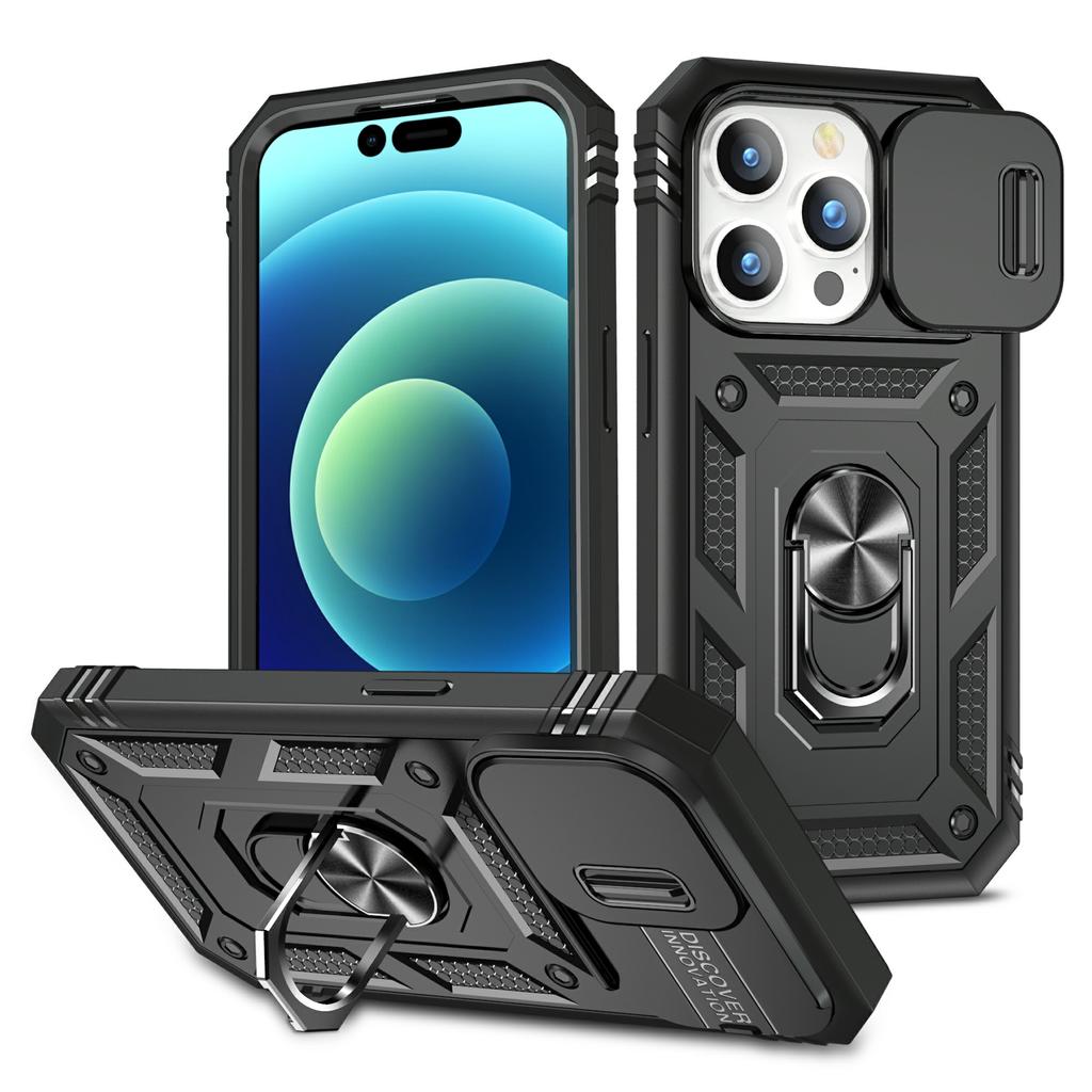For iPhone 15 Pro Max Kickstand Case Card Holder PC+TPU Phone Cover with Sliding Camera Protection