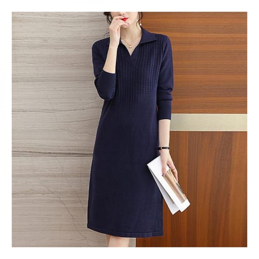 Navava Simple Daily Split Collar Long Sleeve Knit Dress No639