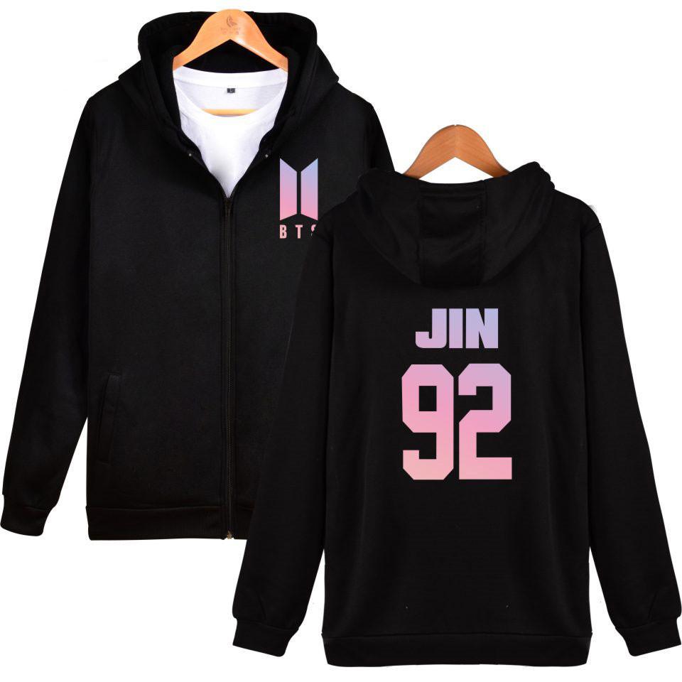 Sweat à capuche avec fermeture éclair et motif BTS pour adolescents, style décontracté