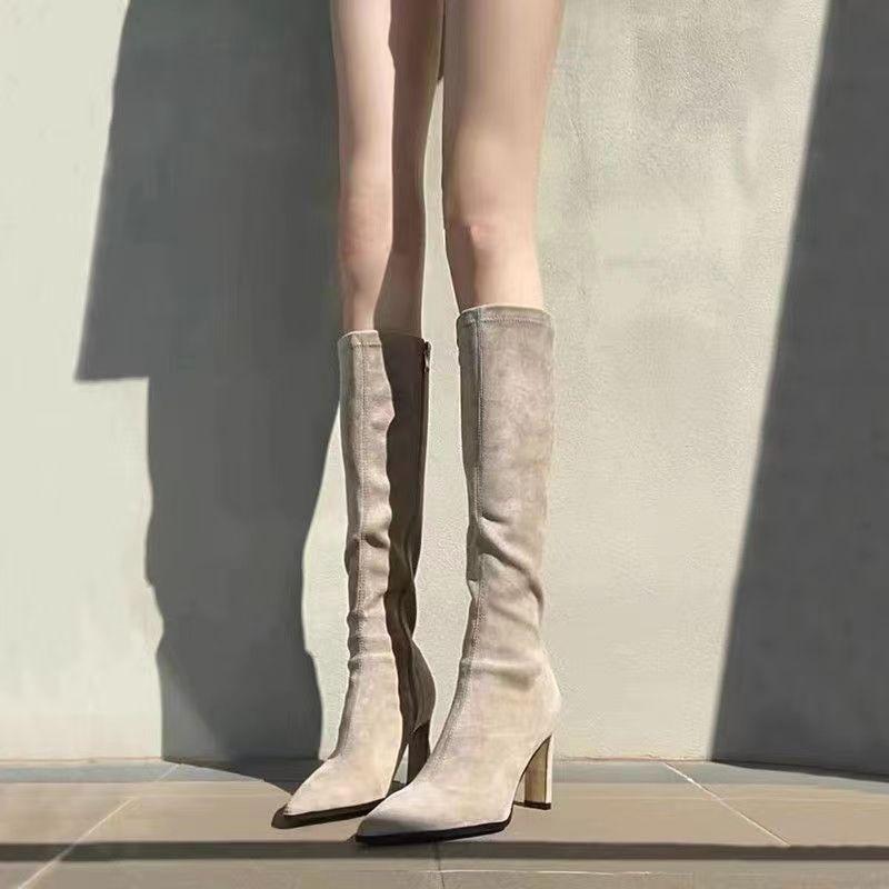 Pointed high-heeled boots for women's autumn 2025 new apricot suede elastic thin boots, but knee thick-heeled high boots