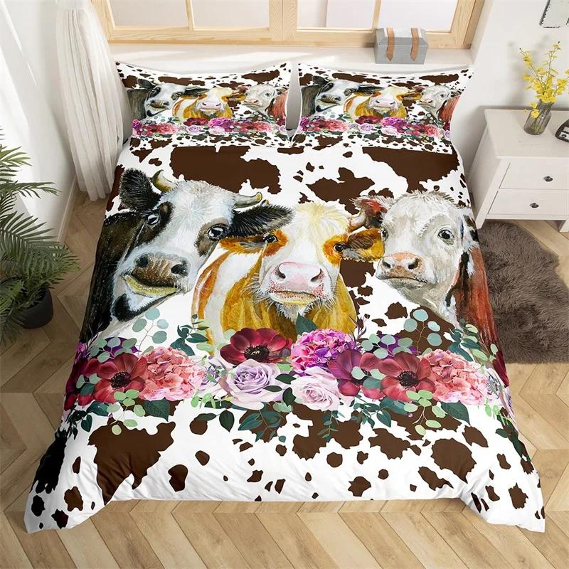 Highland Cow Duvet Cover King Microfiber Western Farmhouse Animal Bedding Set Leopard Cow Skin Fur Floral Print Comforter Cover