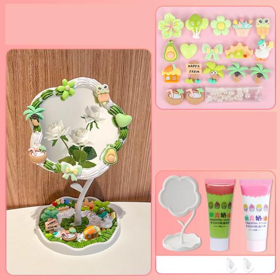 DIY Handmade Flower Desk Mirror with Storage Tray Rotatable Desktop Vanity Mirror Multi-purpose Women Makeup Table Mirror Jewelry Organizer