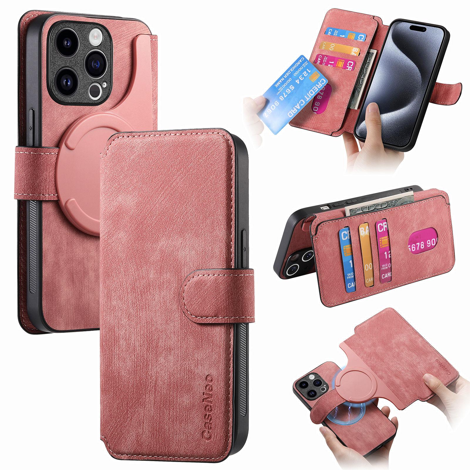 

CASENEO MW-03 For iPhone 15 Pro Max Case with Detachable Wallet Leather+TPU Phone Cover Pink