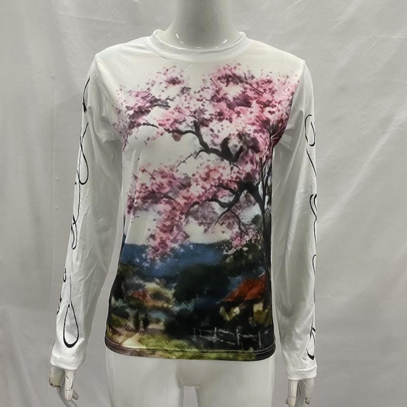 European and American y2k floral letter printed street casual style loose round neck top