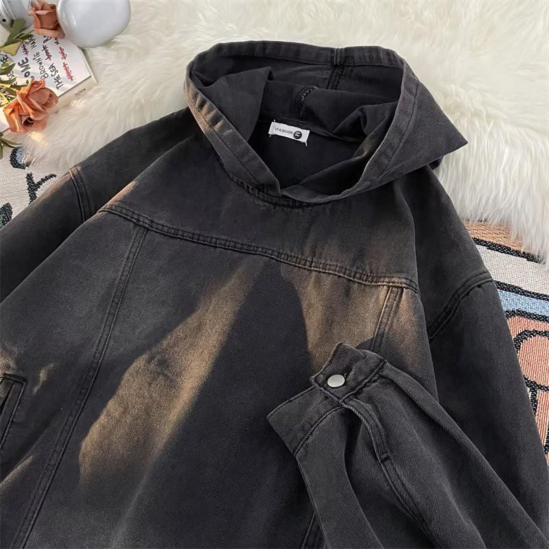 Mens Oversized Denim Hoodie Casual Streetwear Unisex Fall Long Sleeve Cotton Blend Sweatshirt