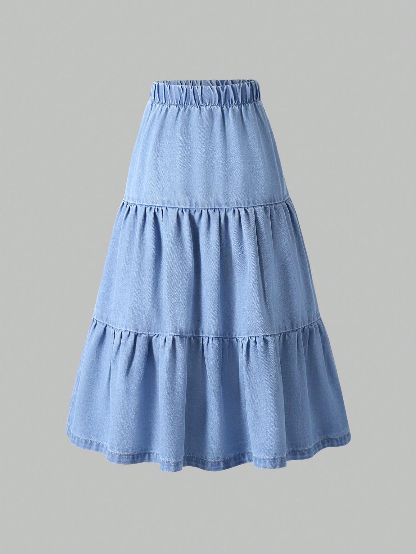 

Girls casual, simple, elegant, all-season, medium-wash blue denim tiered skirt 12Y середній синього кольору