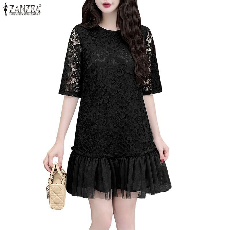 ZANZEA Women Elegant Casual Round Neck Half Sleeve Lace Dress