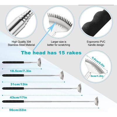 Extendable Back Scratcher the Head Has 15 Rakes, Stainless Steel Portable Telescopic Rubber Handle Back Scratchers