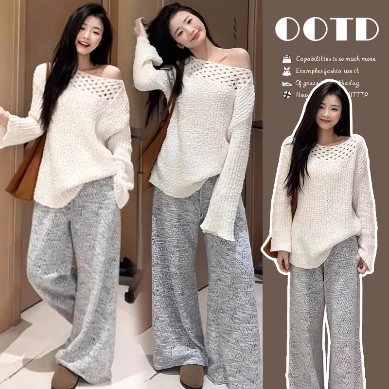

Spring 2026 Korean-Style Maternity Beige Hollow-Out Sweater & Wide-Leg Pants Set XL