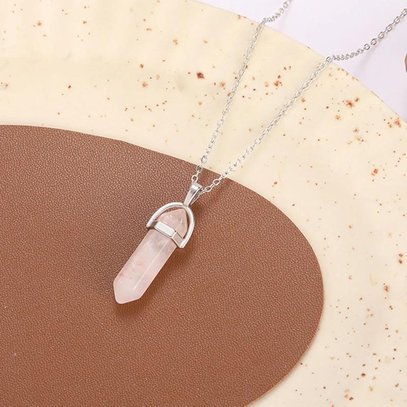 Hexagonal Column Pointed Reiki Chakra Natural Stone Pendant Necklace Women Girl Gift18inch Chain Lapis Opal Chunky Jewelry
