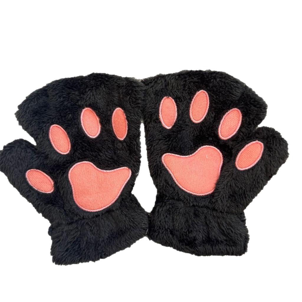 Women's Cute Cat & Bear Paw Fingerless Fleece Gloves