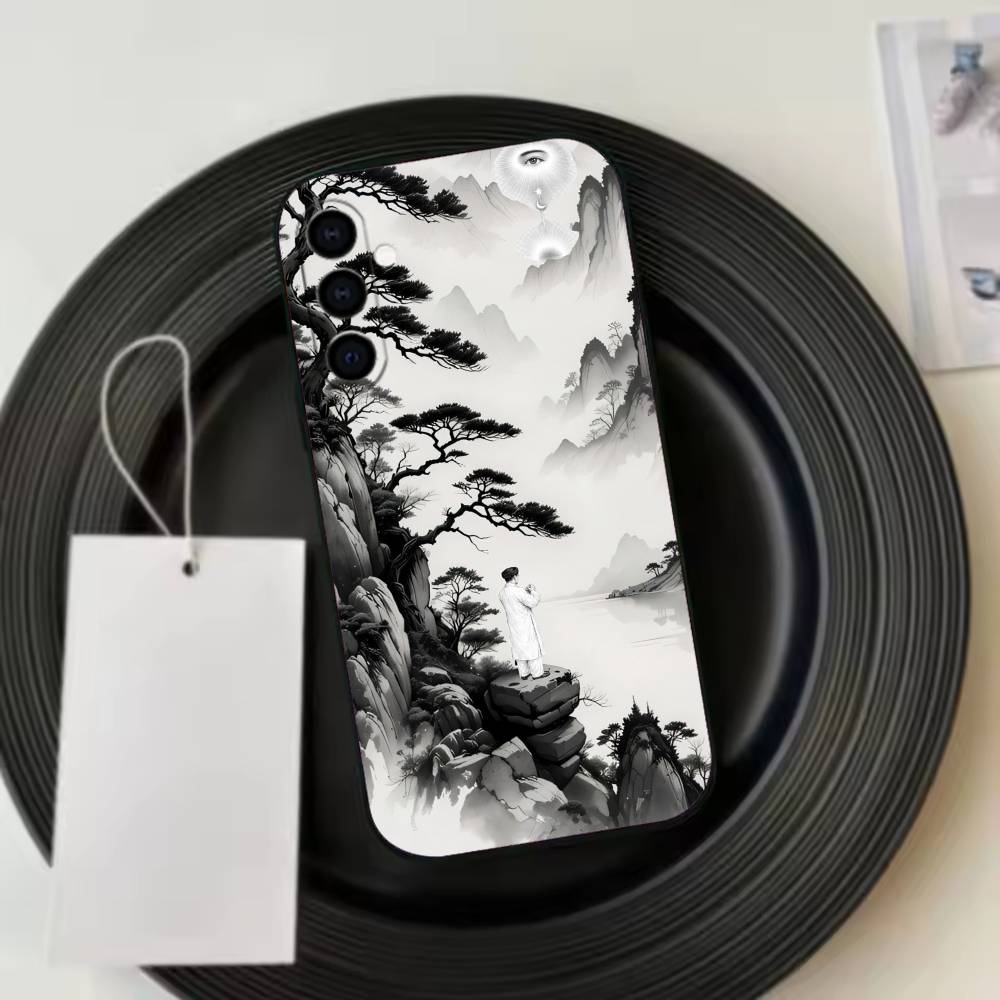 Chinese l-landscape Phone Case Black Silicone Soft For Samsung Galaxy A73,A72,A71,A70,A53,A52,A51