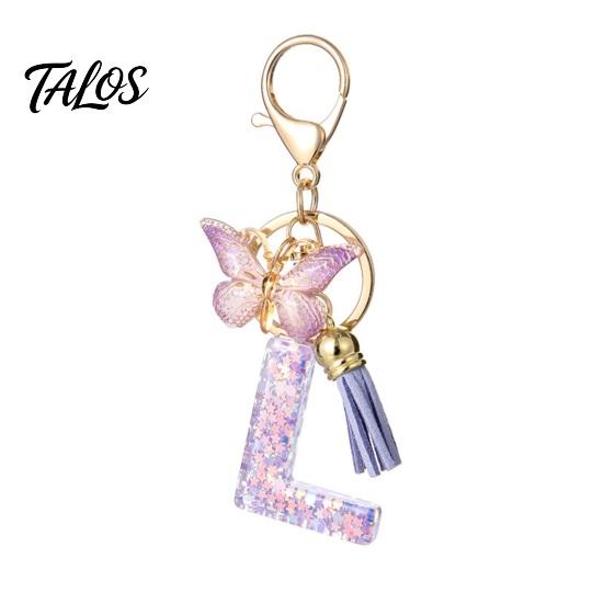 Talos Purple Series Keychain Pendant, Sequins Star Initial Letter Charm Key Chain with Butterfly Tassel Design, A-Z Holder for Bag Purse Backpack