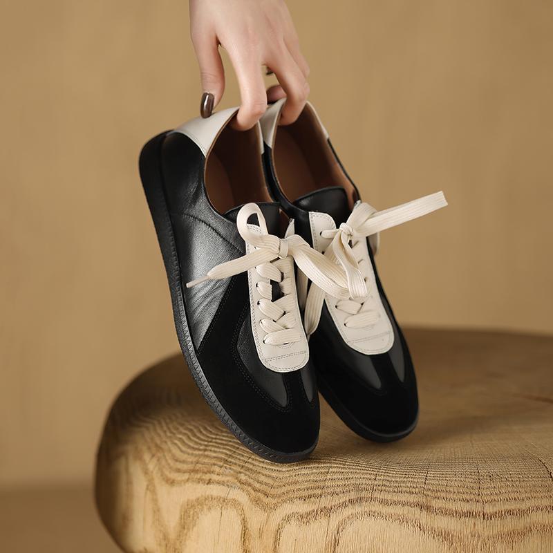 Fashion Women Lace Up Sneakers Genuine Leather Splicing Flat Shoes Black Leopard Print Ladies Casual Flats Womens Round Toe Footwear