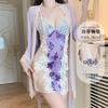 Women's Embroidered Lace Sheer Butterfly Print Padded Sleep Dress with Robe Lounge Set